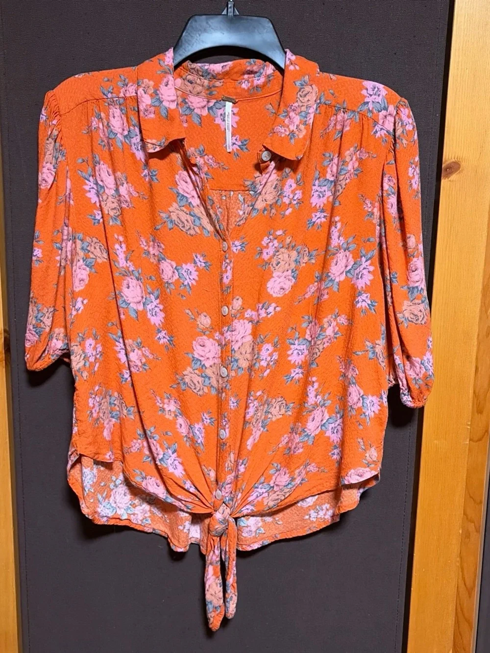 Free People Orange Floral Tie-Front Puff Sleeve Top